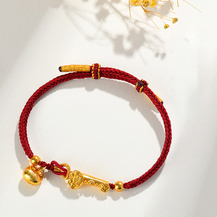 Pulsera trenzada de la suerte con lingote de Ruyi y palo de piedra de Buddha Stones con hilo rojo y carácter Fu