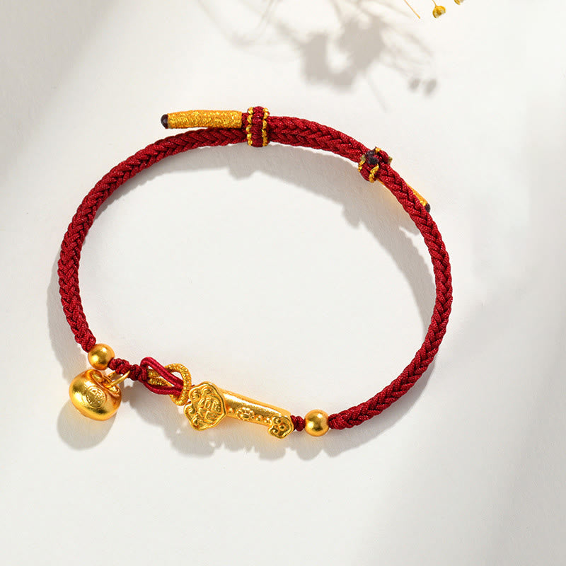 Pulsera trenzada de la suerte con lingote de Ruyi y palo de piedra de Buddha Stones con hilo rojo y carácter Fu