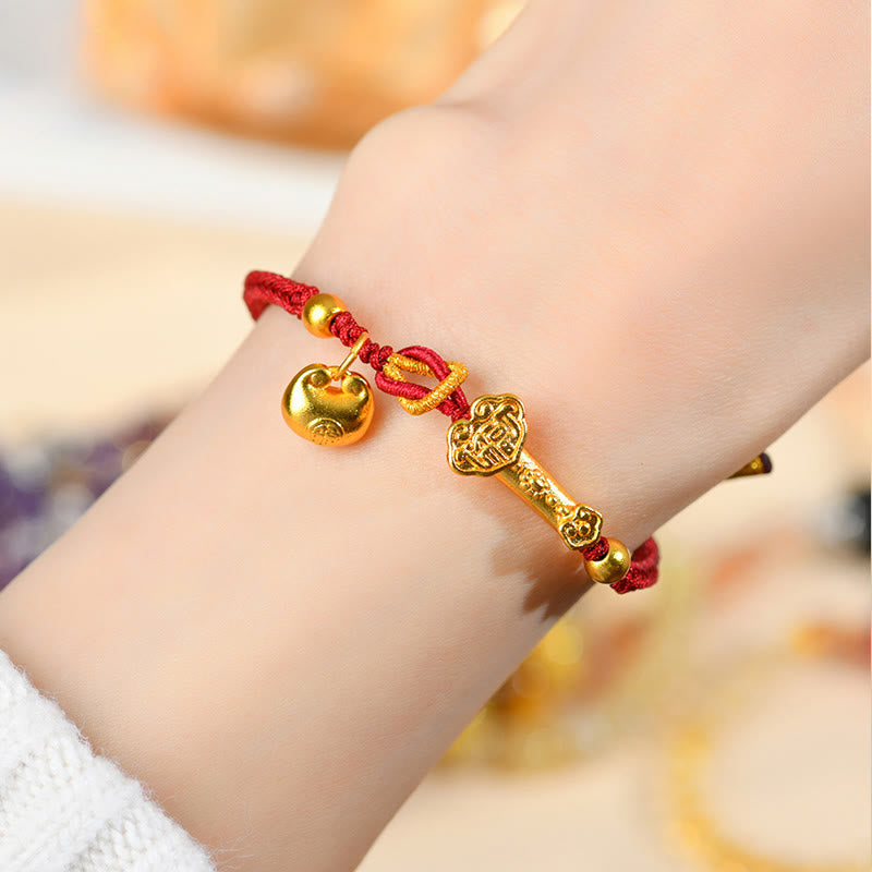 Pulsera trenzada de la suerte con lingote de Ruyi y palo de piedra de Buddha Stones con hilo rojo y carácter Fu