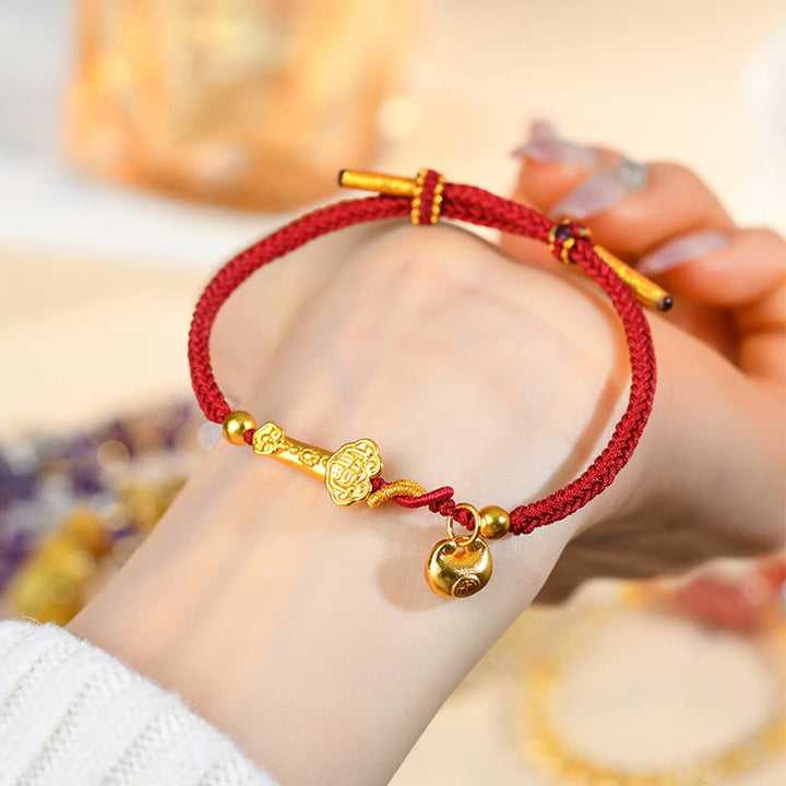 Pulsera trenzada de la suerte con lingote de Ruyi y palo de piedra de Buddha Stones con hilo rojo y carácter Fu