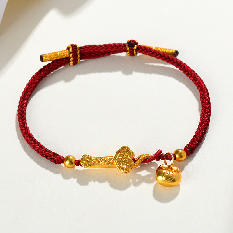 Pulsera trenzada de la suerte con lingote de Ruyi y palo de piedra de Buddha Stones con hilo rojo y carácter Fu