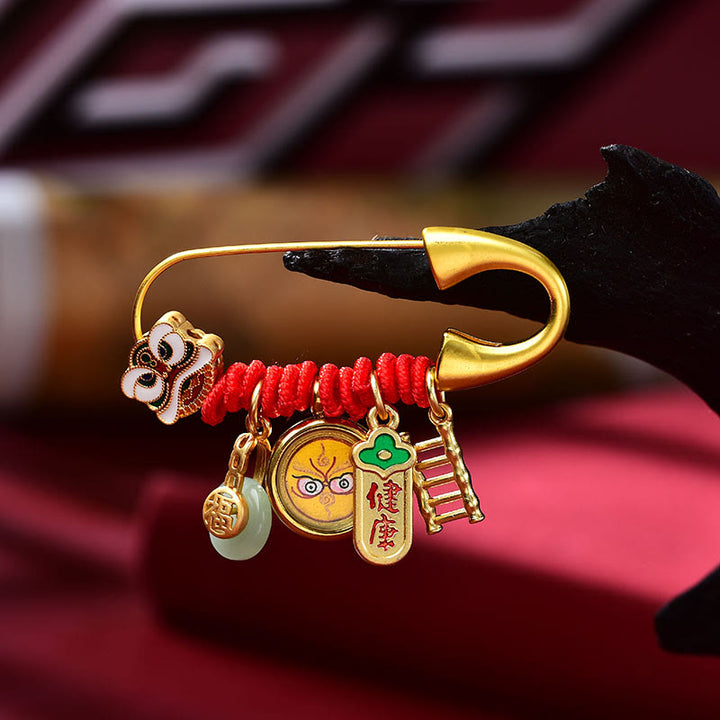Broche de cobre con Buddha Stones de león danzante tibetano, hebilla de paz, jade, personaje Fu, seguro y saludable