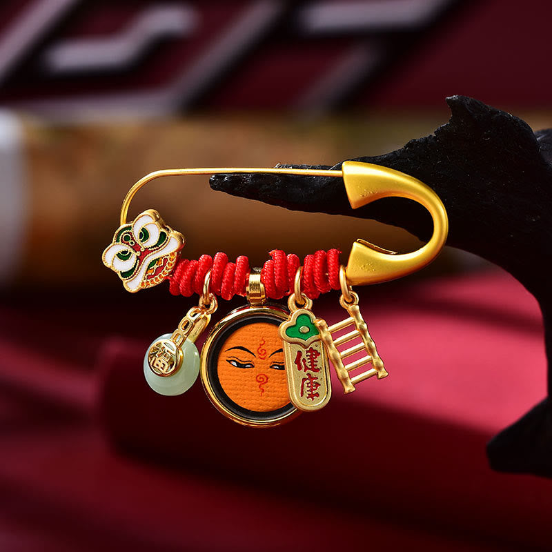 Broche de cobre con Buddha Stones de león danzante tibetano, hebilla de paz, jade, personaje Fu, seguro y saludable