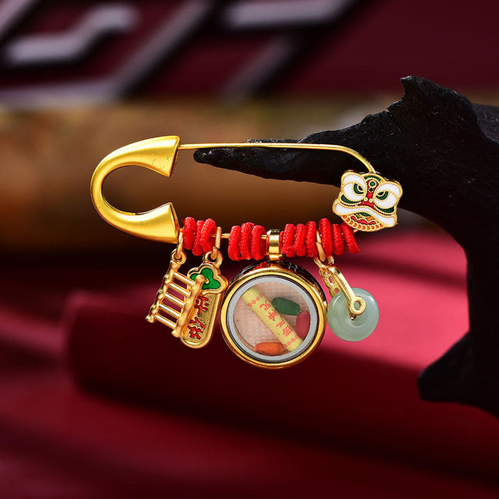 Broche de cobre con Buddha Stones de león danzante tibetano, hebilla de paz, jade, personaje Fu, seguro y saludable