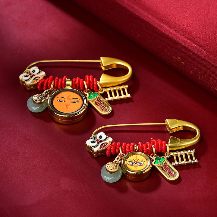 Broche de cobre con Buddha Stones de león danzante tibetano, hebilla de paz, jade, personaje Fu, seguro y saludable