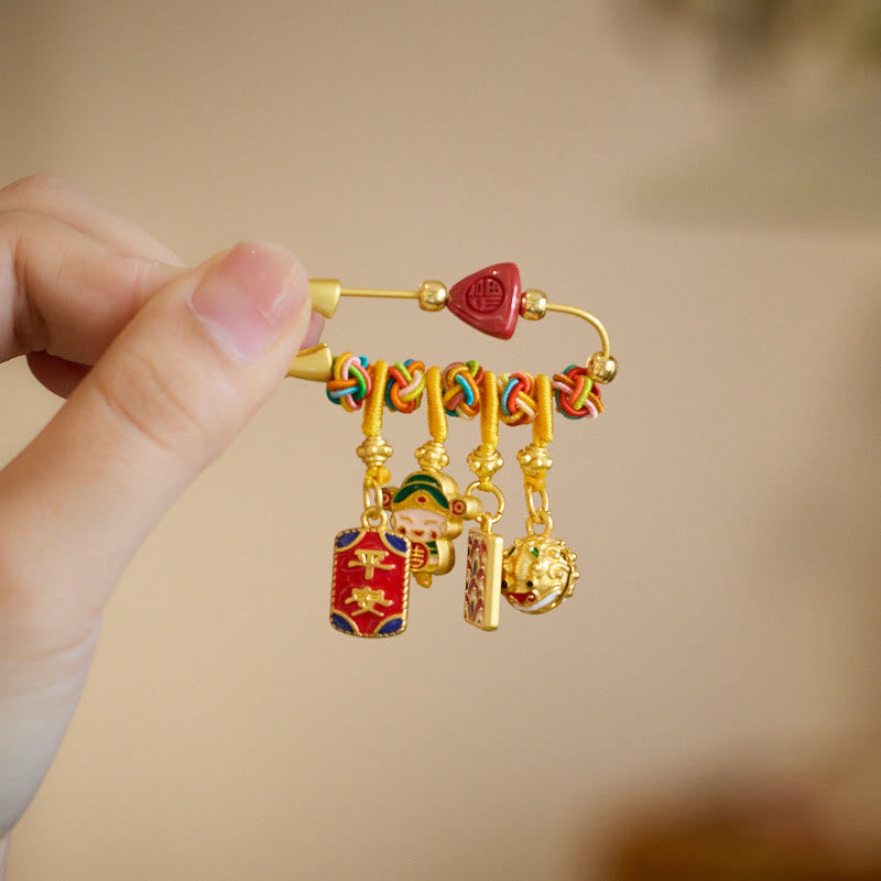 Broche de bendición de cobre con el personaje de Zongzi Fu de cinabrio y Buddha Stones, Caishen, Dios de la riqueza, seguro y sano