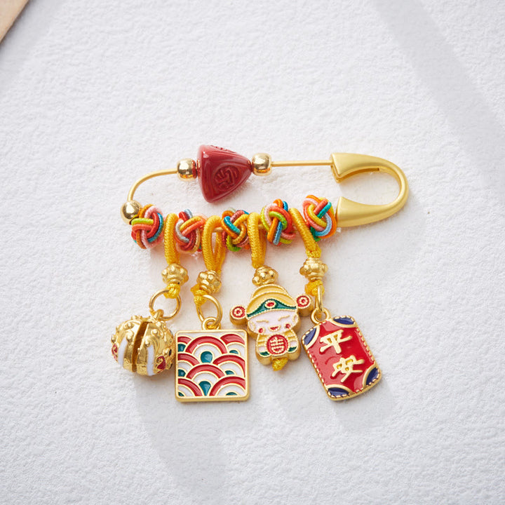 Broche de bendición de cobre con el personaje de Zongzi Fu de cinabrio y Buddha Stones, Caishen, Dios de la riqueza, seguro y sano