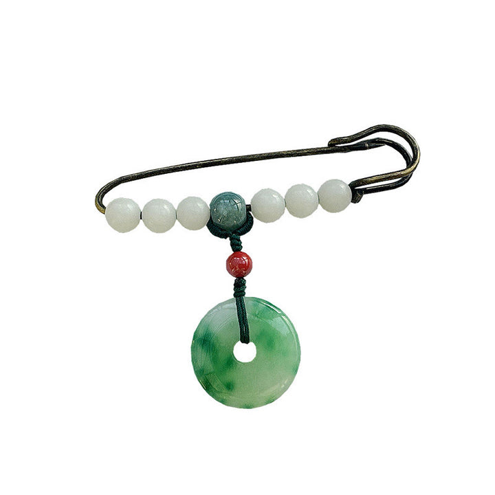 Broche de la suerte con hebilla de la paz de jade y semillas de Bodhi y Buddha Stones