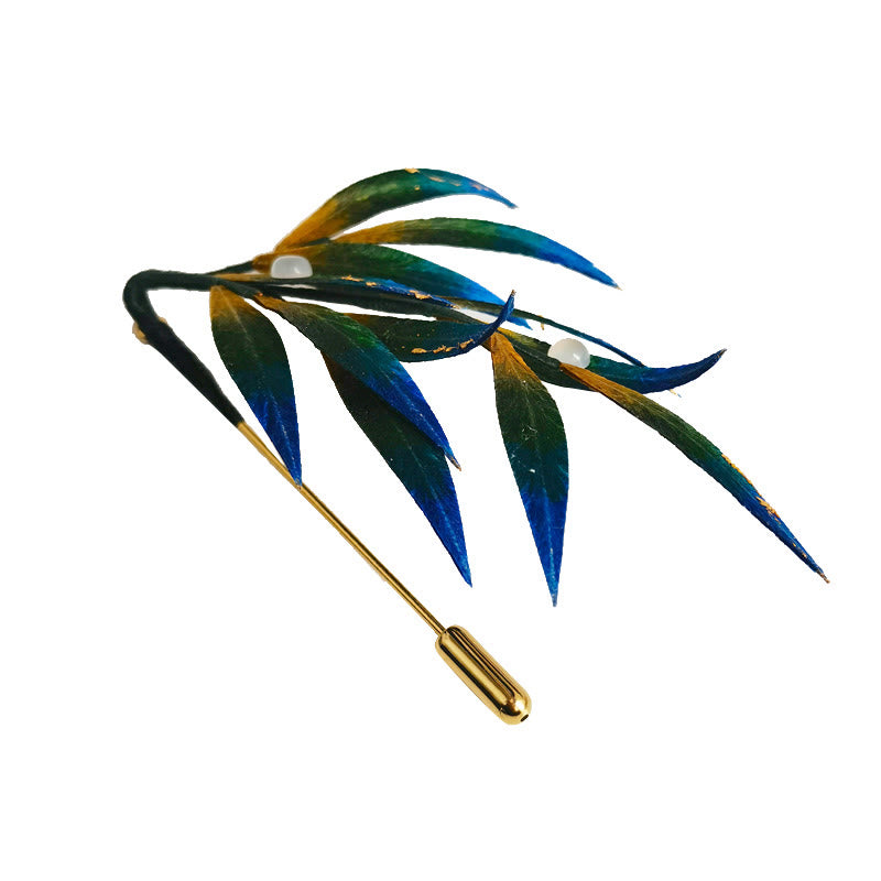 Broche de hojas de seda morera, verde, amarillo y azul, hecho a mano con flores de terciopelo y Buddha Stones