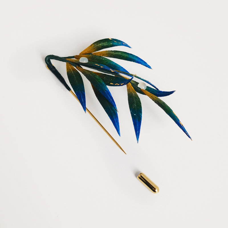 Broche de hojas de seda morera, verde, amarillo y azul, hecho a mano con flores de terciopelo y Buddha Stones