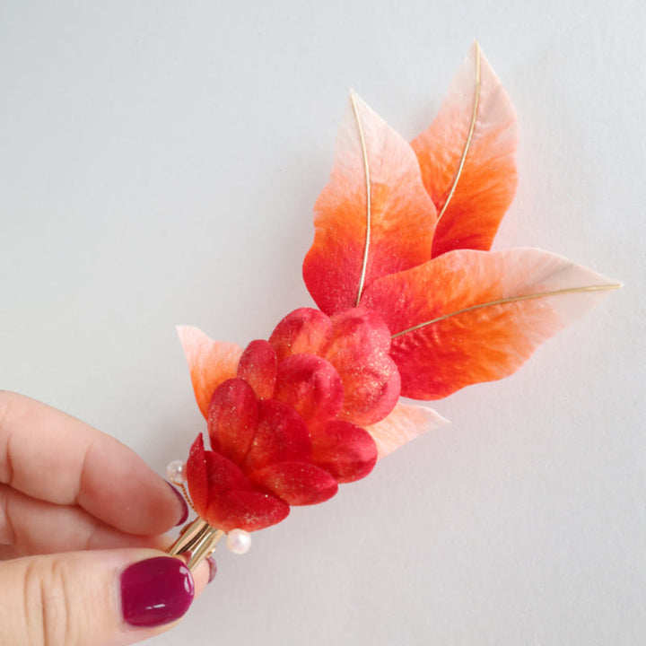 Broche para el pelo con forma de pez koi rojo y flores de terciopelo de Yangzhou hecho a mano con Buddha Stones