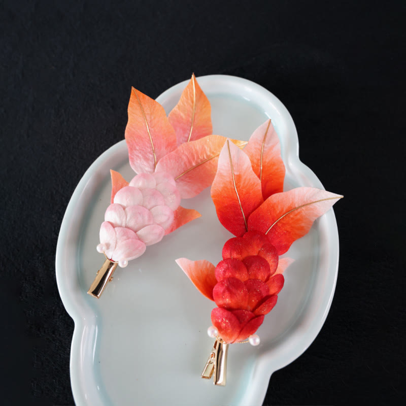 Broche para el pelo con forma de pez koi rojo y flores de terciopelo de Yangzhou hecho a mano con Buddha Stones