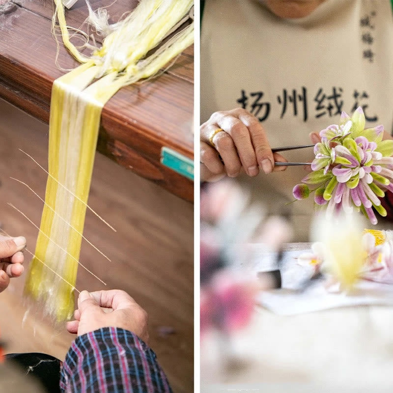 Broche de seda de morera con flor de durazno y terciopelo de Yangzhou hecho a mano con Buddha Stones