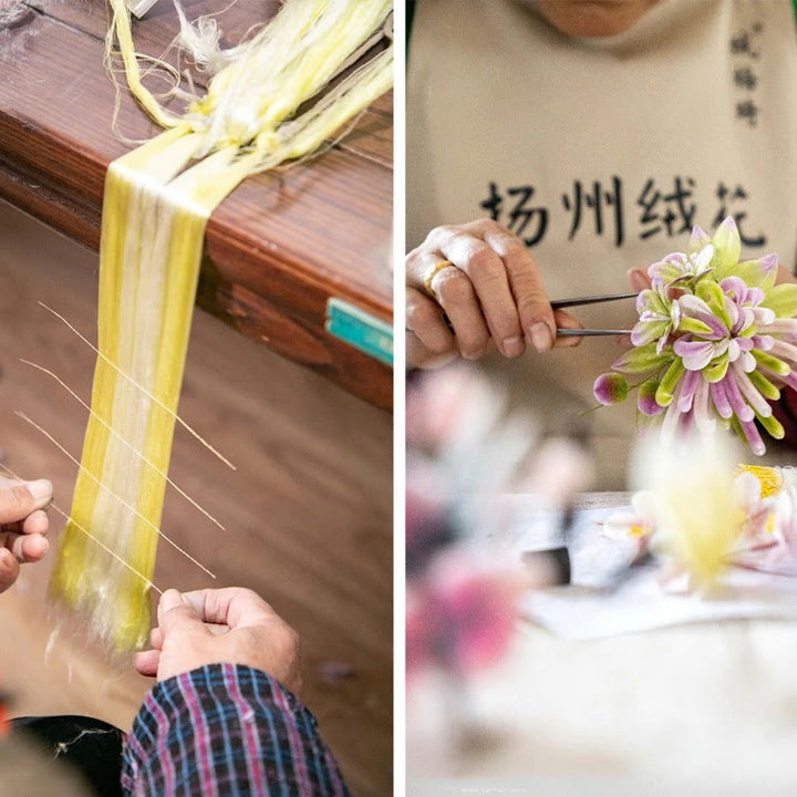 Broche de seda de morera con flor de durazno y terciopelo de Yangzhou hecho a mano con Buddha Stones