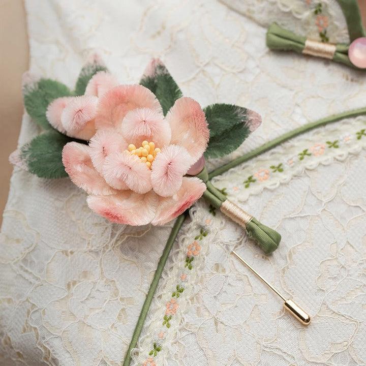 Broche de seda de morera con flor de durazno y terciopelo de Yangzhou hecho a mano con Buddha Stones