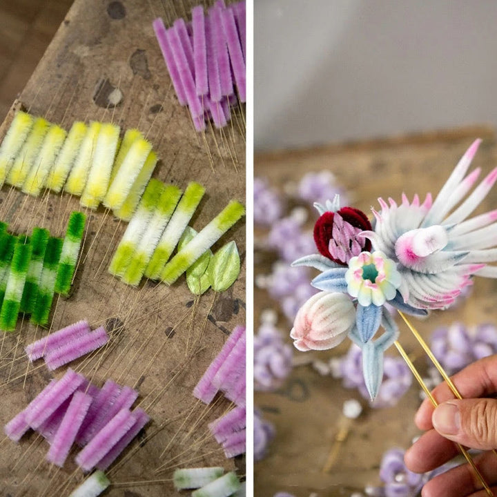 Broche de seda de morera con flor de durazno y terciopelo de Yangzhou hecho a mano con Buddha Stones