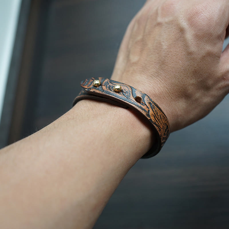 Pulsera de equilibrio con hebilla ajustable de cuero con estampado vintage de Buddha Stones