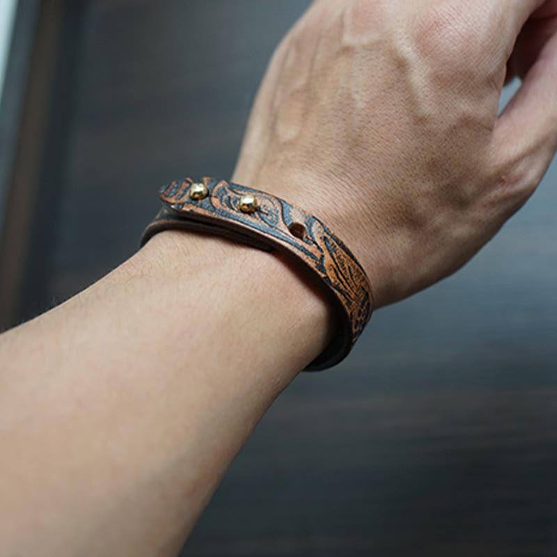 Pulsera de equilibrio con hebilla ajustable de cuero con estampado vintage de Buddha Stones