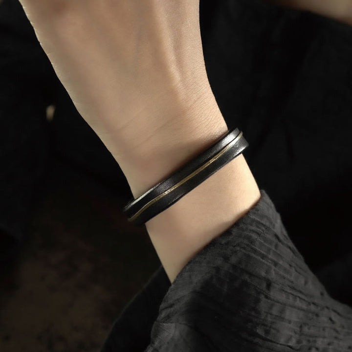 Pulsera curativa con Buddha Stones, cuero vintage, alambre de cobre y latón