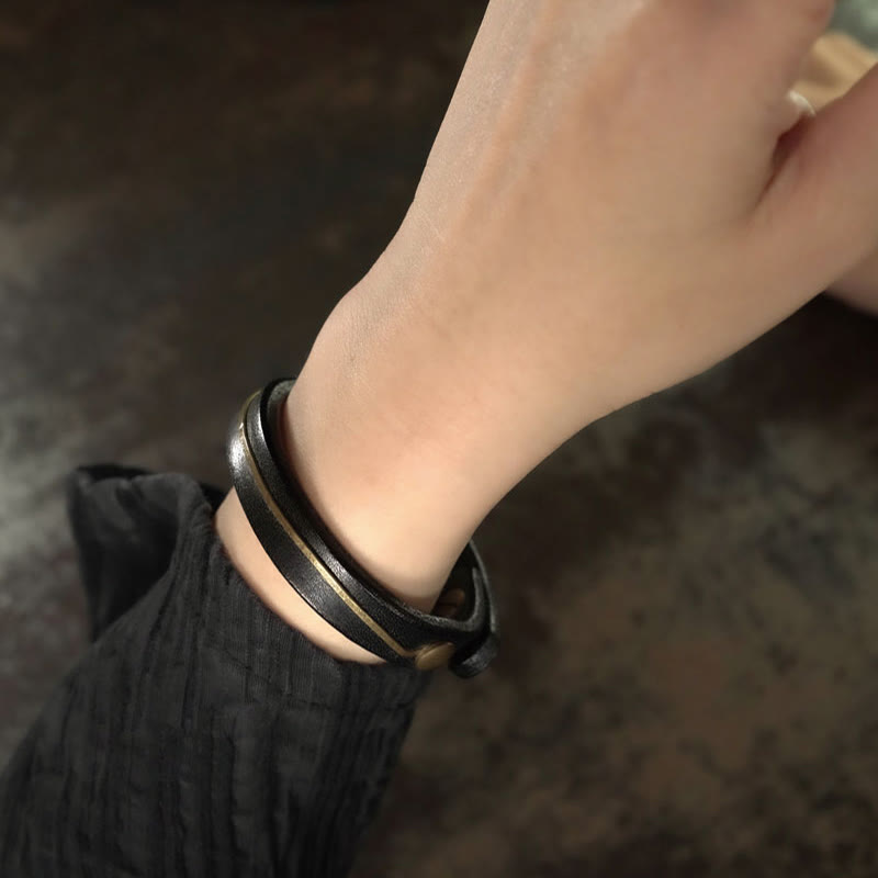 Pulsera curativa con Buddha Stones, cuero vintage, alambre de cobre y latón