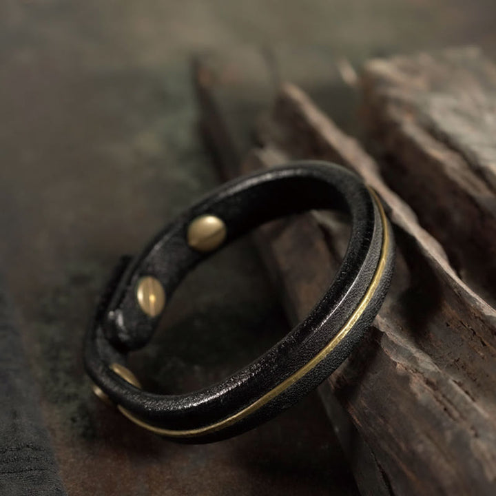 Pulsera curativa con Buddha Stones, cuero vintage, alambre de cobre y latón