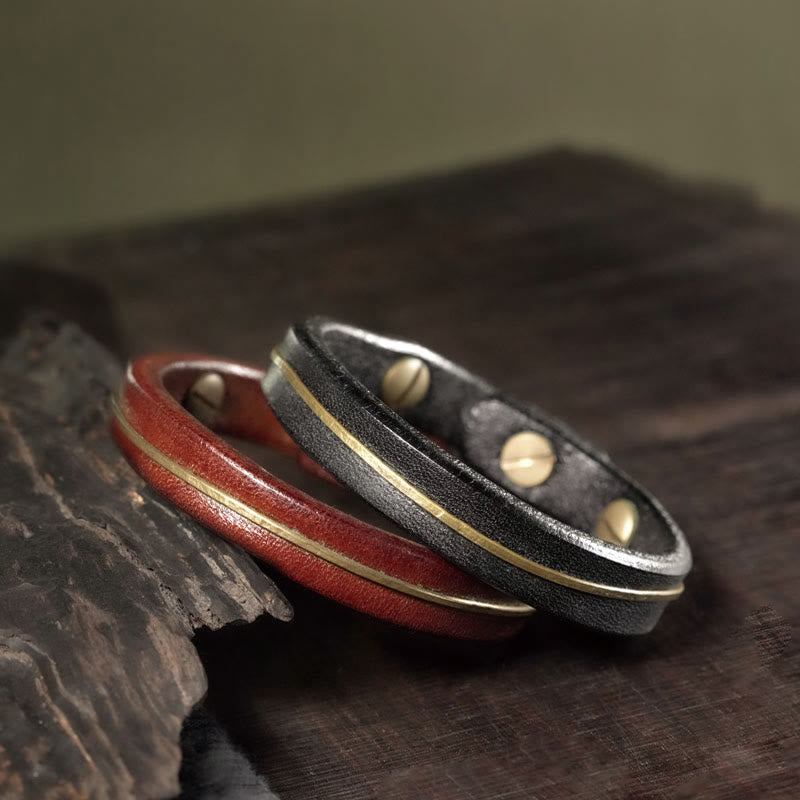 Pulsera curativa con Buddha Stones, cuero vintage, alambre de cobre y latón