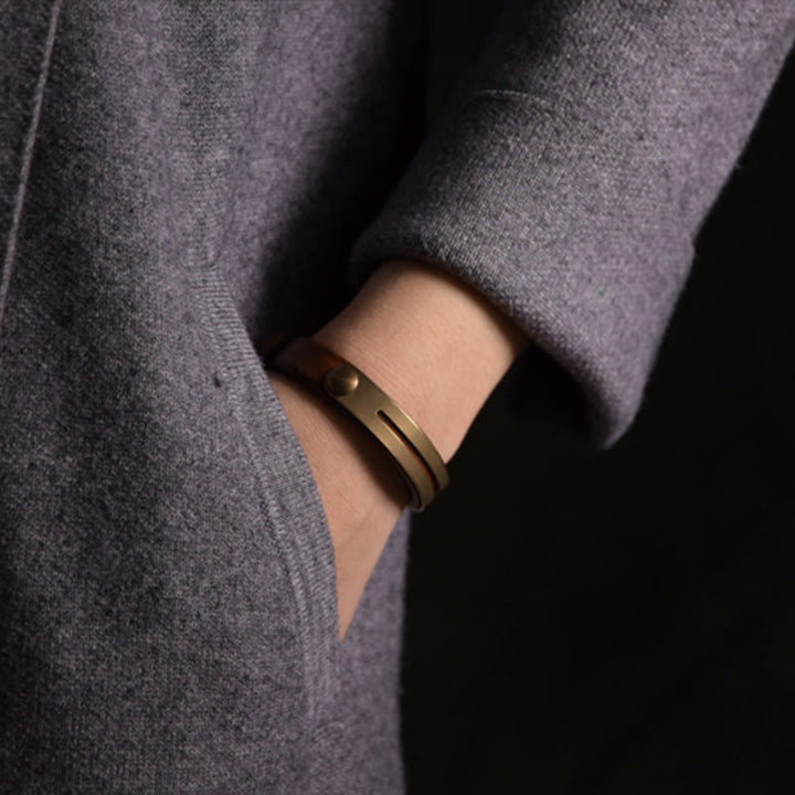 Pulsera de equilibrio de latón, cobre y cuero vintage con Buddha Stones