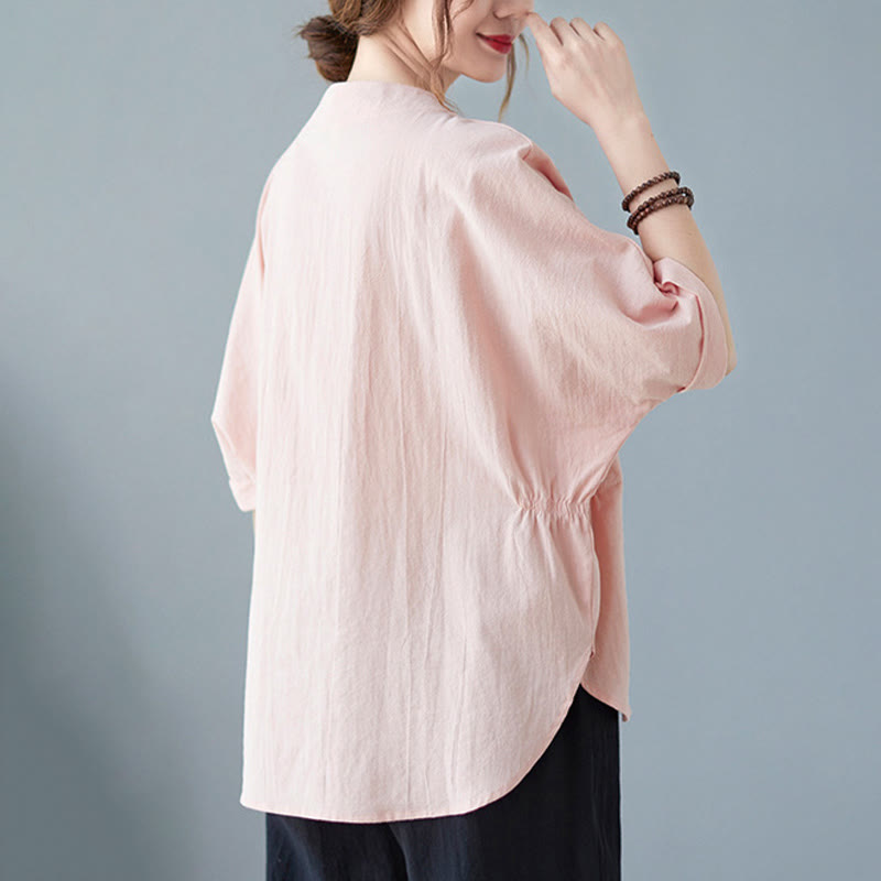 Camisa de lino y algodón de media manga con diseño de manga murciélago para mujer de Buddha Stones - image 18