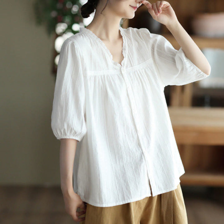 Camisa de algodón de media manga con escote en V y encaje blanco puro para mujer de Buddha Stones - Blanco - US8-10,UK/AU12-14,EU40-42 (2XL) - image 0