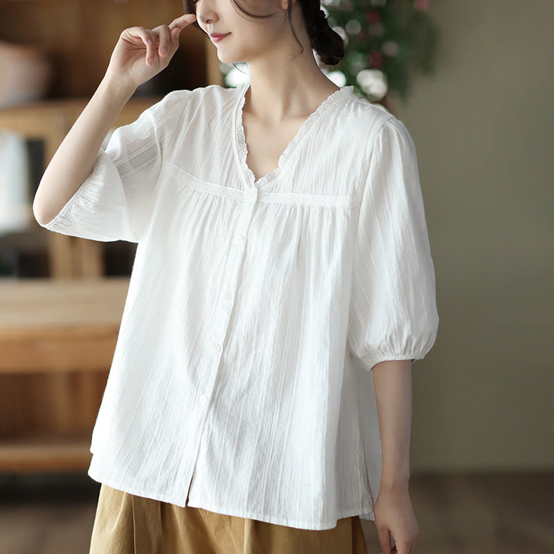 Camisa de algodón de media manga con escote en V y encaje blanco puro para mujer de Buddha Stones - image 3