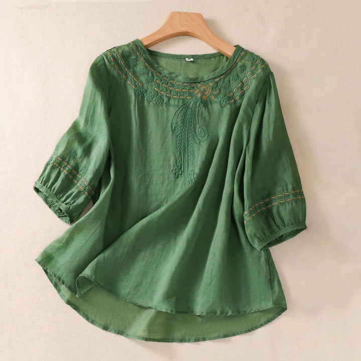 Camisa de lino y algodón de media manga con diseño hueco y cuello redondo para mujer de Buddha Stones