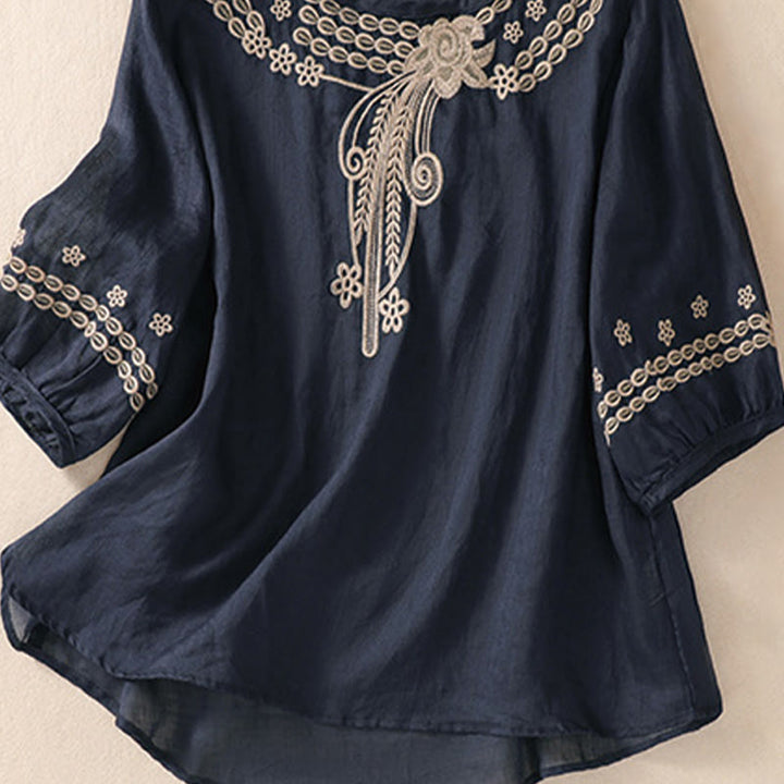 Camisa de lino y algodón de media manga con diseño hueco y cuello redondo para mujer de Buddha Stones