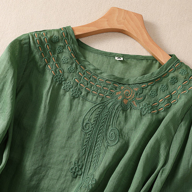 Camisa de lino y algodón de media manga con diseño hueco y cuello redondo para mujer de Buddha Stones