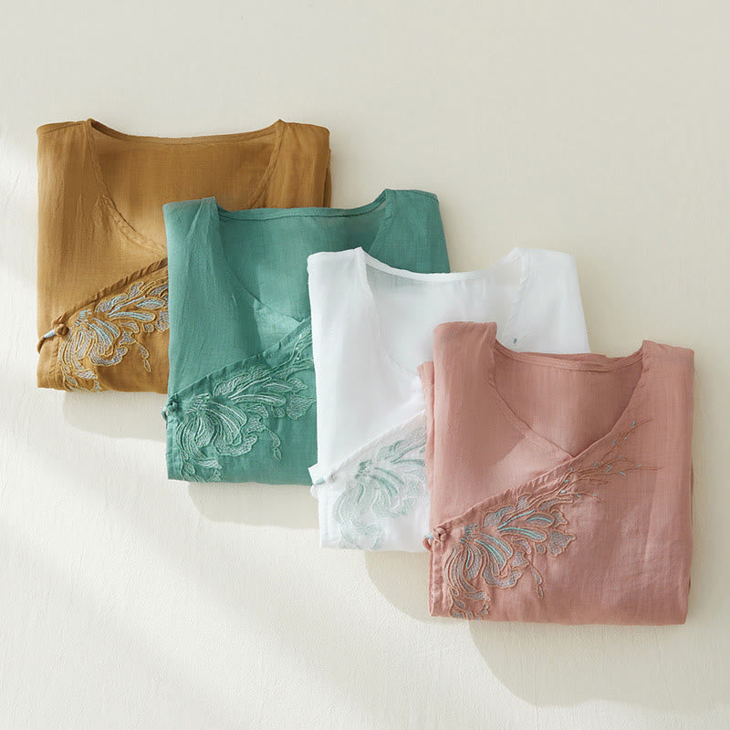 Camisa de lino y algodón con mangas tres cuartos y diseño de plantas bordadas para mujer con Buddha Stones - image 27