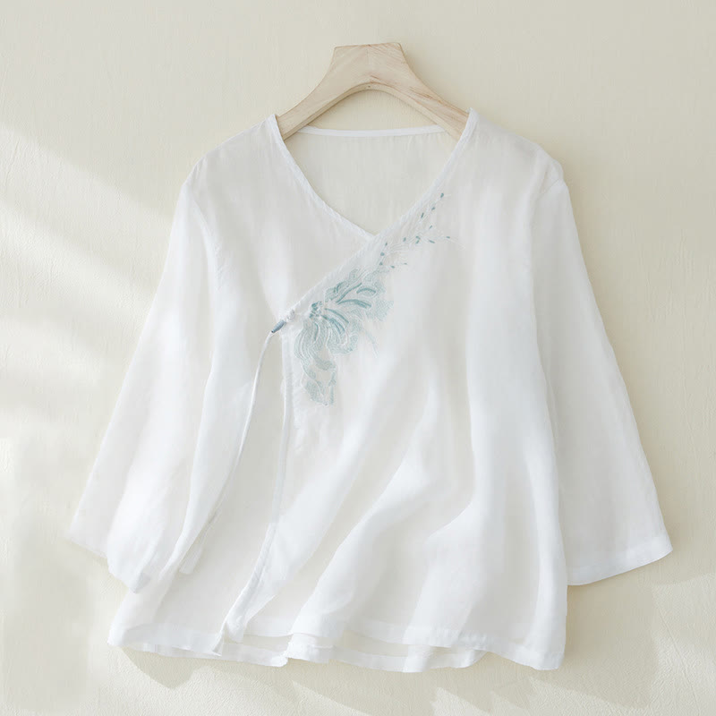 Camisa de lino y algodón con mangas tres cuartos y diseño de plantas bordadas para mujer con Buddha Stones - Blanco - US8-10,UK/AU12-14,EU40-42 (2XL) - image 8