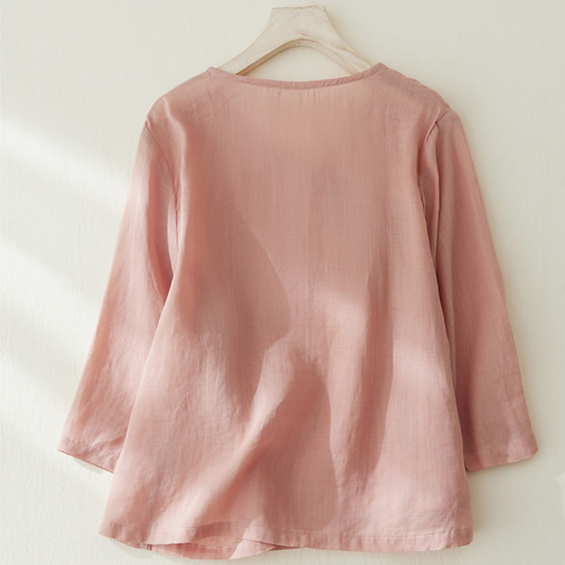 Camisa de lino y algodón con mangas tres cuartos y diseño de plantas bordadas para mujer con Buddha Stones - image 2