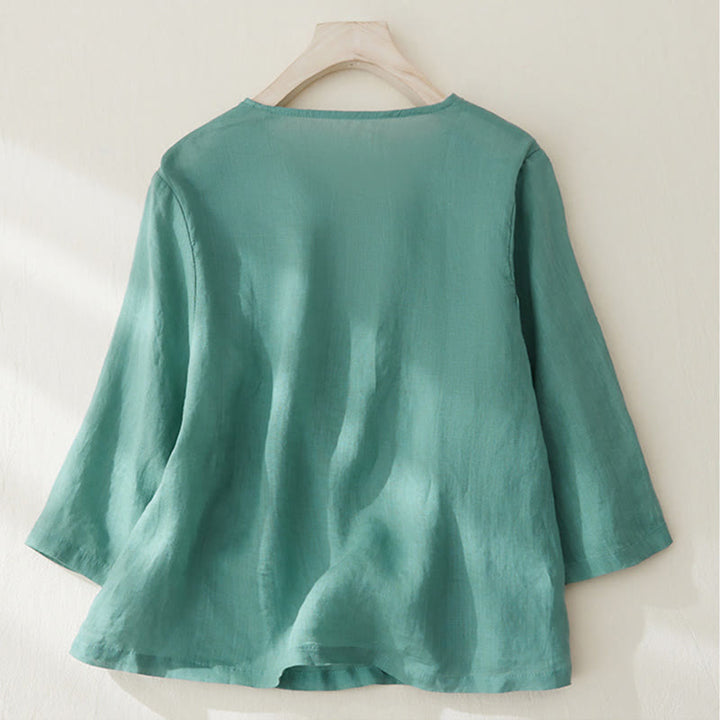 Camisa de lino y algodón con mangas tres cuartos y diseño de plantas bordadas para mujer con Buddha Stones - image 22