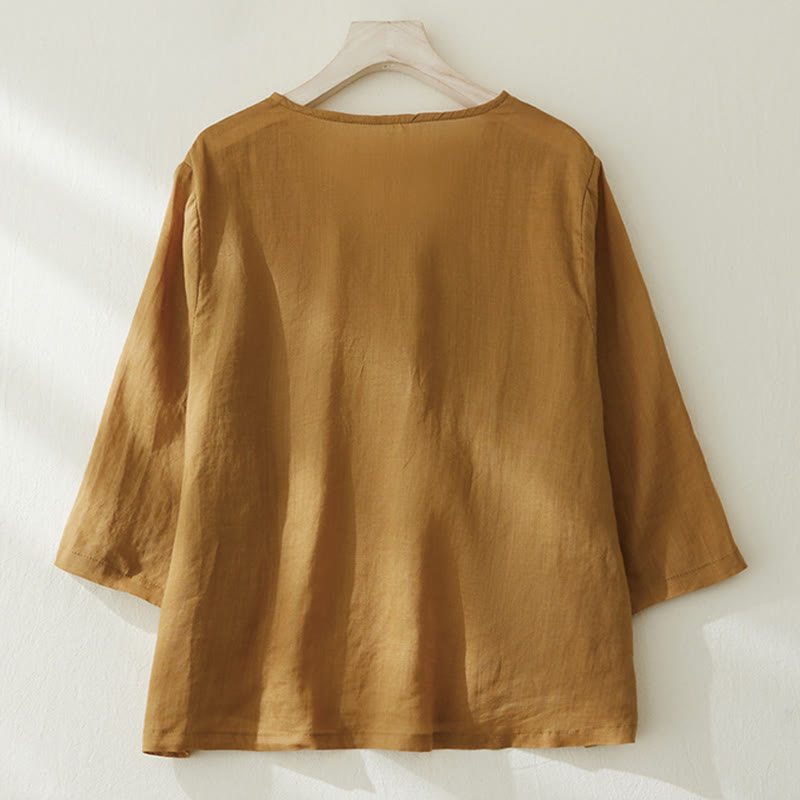 Camisa de lino y algodón con mangas tres cuartos y diseño de plantas bordadas para mujer con Buddha Stones - image 15