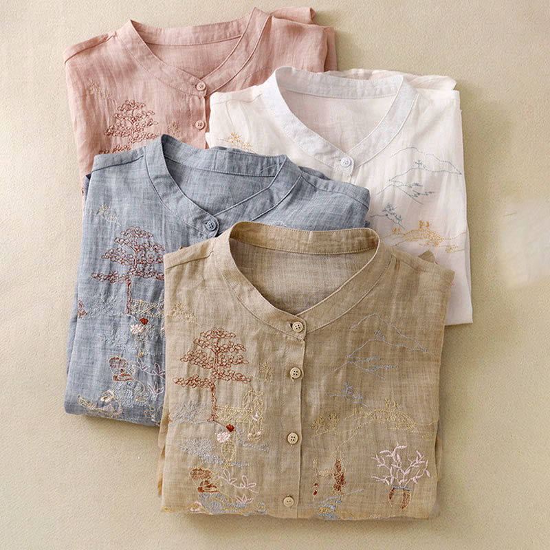 Camisa de lino y algodón para mujer con diseño informal de plantas bordadas y cuello alto, manga tres cuartos, con Buddha Stones