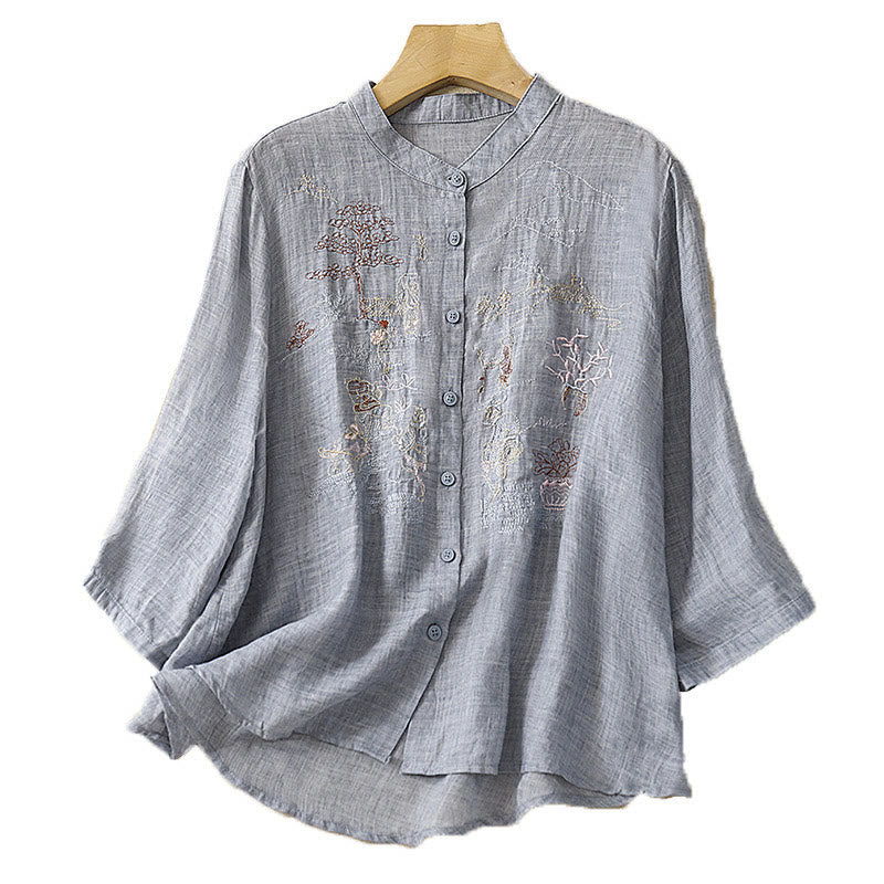 Camisa de lino y algodón para mujer con diseño informal de plantas bordadas y cuello alto, manga tres cuartos, con Buddha Stones