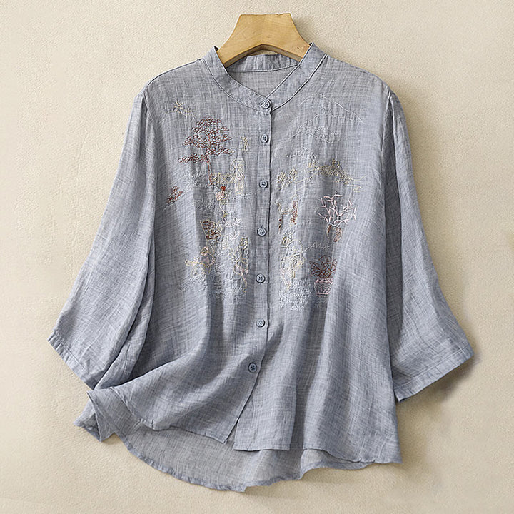 Camisa de lino y algodón para mujer con diseño informal de plantas bordadas y cuello alto, manga tres cuartos, con Buddha Stones