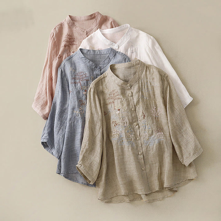 Camisa de lino y algodón para mujer con diseño informal de plantas bordadas y cuello alto, manga tres cuartos, con Buddha Stones