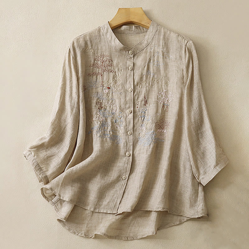 Camisa de lino y algodón para mujer con diseño informal de plantas bordadas y cuello alto, manga tres cuartos, con Buddha Stones