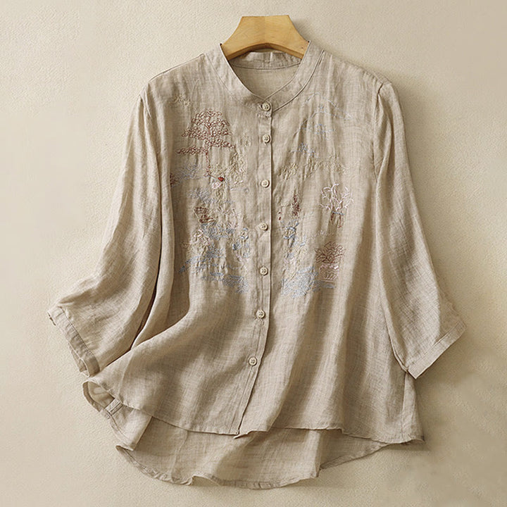 Camisa de lino y algodón para mujer con diseño informal de plantas bordadas y cuello alto, manga tres cuartos, con Buddha Stones