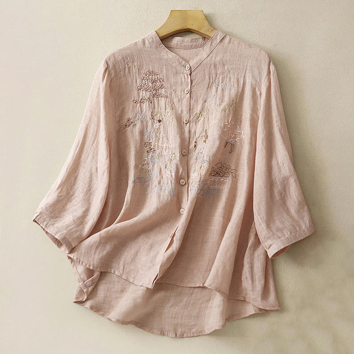 Camisa de lino y algodón para mujer con diseño informal de plantas bordadas y cuello alto, manga tres cuartos, con Buddha Stones