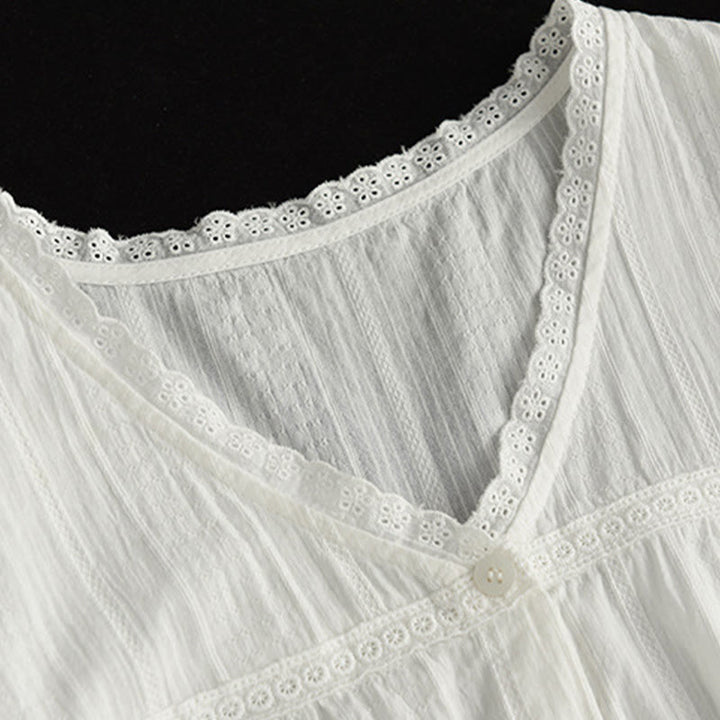Camisa de algodón de media manga con escote en V y encaje blanco puro para mujer de Buddha Stones - image 6