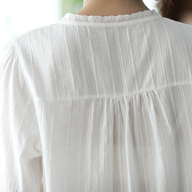 Camisa de algodón de media manga con escote en V y encaje blanco puro para mujer de Buddha Stones - image 5