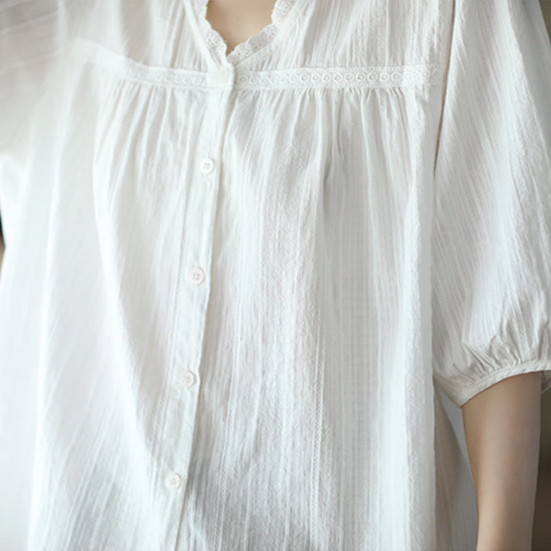 Camisa de algodón de media manga con escote en V y encaje blanco puro para mujer de Buddha Stones - image 7