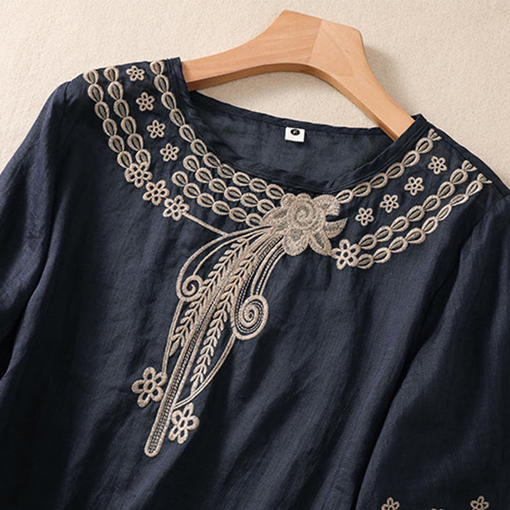 Camisa de lino y algodón de media manga con diseño hueco y cuello redondo para mujer de Buddha Stones