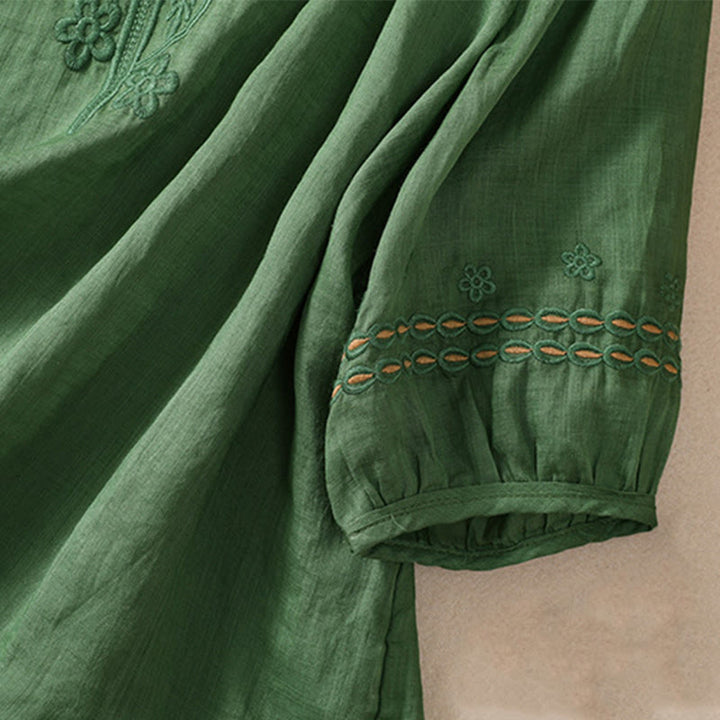 Camisa de lino y algodón de media manga con diseño hueco y cuello redondo para mujer de Buddha Stones